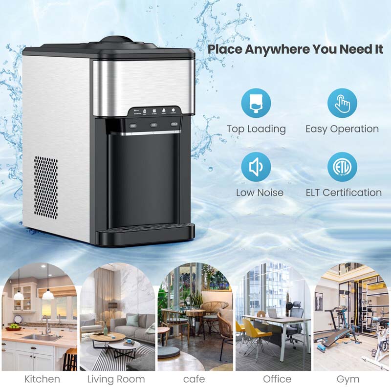 3-in-1 Countertop Water Dispenser with Ice Maker 48LBS/24H, 5 Gallon Bottle Top-Loading Hot/Cold Water Cooler Dispenser w/ Ice Machine for Home Office