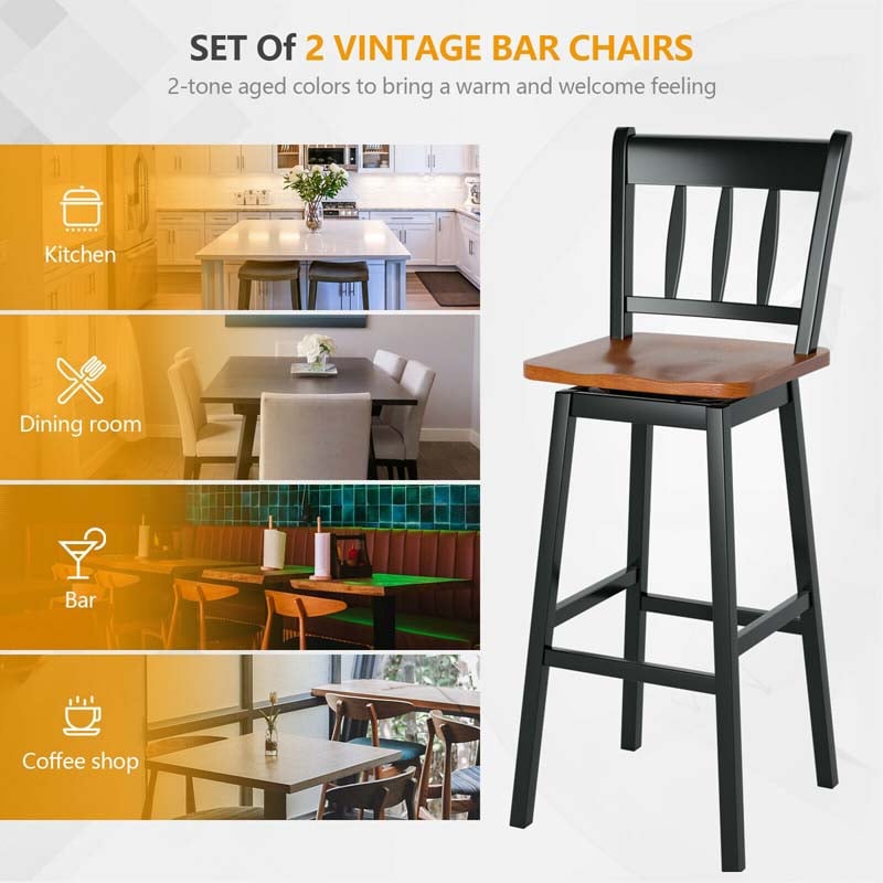 2 Pcs 30.5" Rubber Wood Vintage Bar Chairs 360 Degree Swivel Bar Stools with Back & Footrest