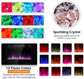 30" Ultra-Thin Electric Fireplace Insert, 1500W Recessed & Wall-mounted Fireplace Heater with 12 Flame Colors