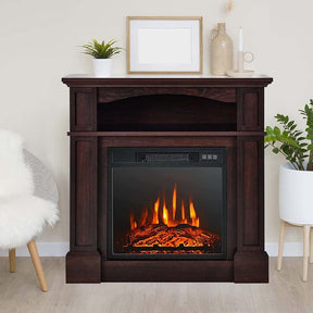 32" Freestanding Electric Fireplace Mantel, 1400W Fireplace Heater with Remote Control, Thermostat & 6H Timer, 3 Flame Brightness