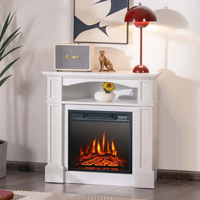 32" Freestanding Electric Fireplace Mantel, 1400W Fireplace Heater with Remote Control, Thermostat & 6H Timer, 3 Flame Brightness