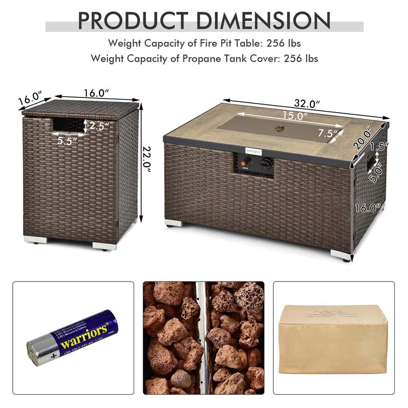 2-Piece Propane Fire Pit Table Set with Hideaway Tank Holder, 40000 BTU Outdoor Rattan Gas Firepit, Lava Rocks & Waterproof Cover for Backyard
