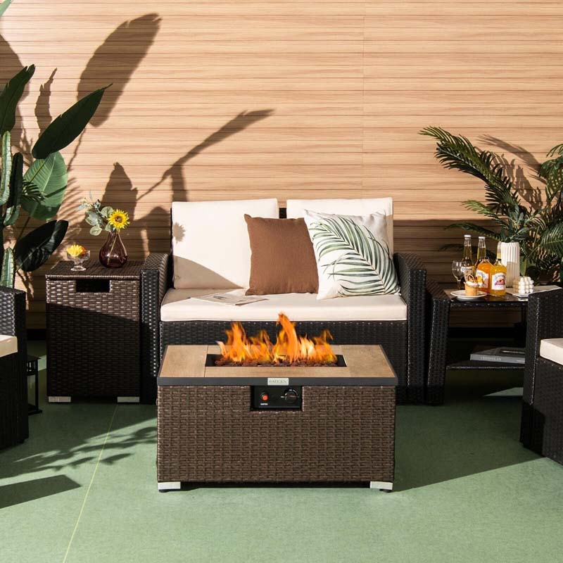2-Piece Propane Fire Pit Table Set with Hideaway Tank Holder, 40000 BTU Outdoor Rattan Gas Firepit, Lava Rocks & Waterproof Cover for Backyard