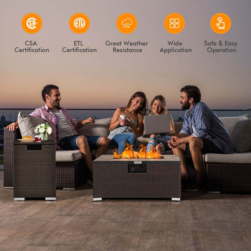 2-Piece Propane Fire Pit Table Set with Hideaway Tank Holder, 40000 BTU Outdoor Rattan Gas Firepit, Lava Rocks & Waterproof Cover for Backyard