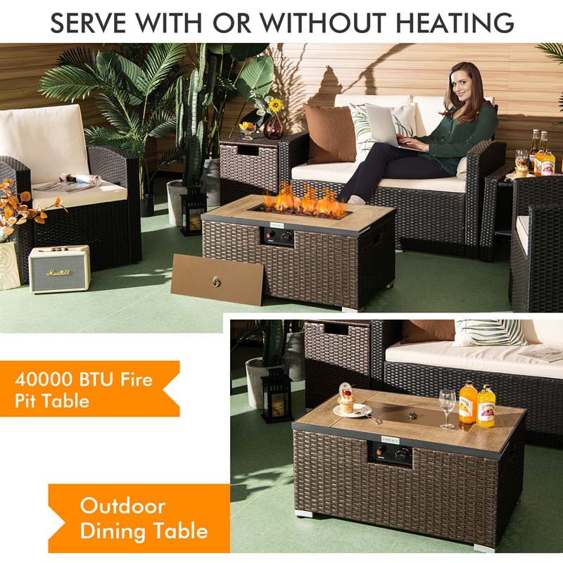 2-Piece Propane Fire Pit Table Set with Hideaway Tank Holder, 40000 BTU Outdoor Rattan Gas Firepit, Lava Rocks & Waterproof Cover for Backyard