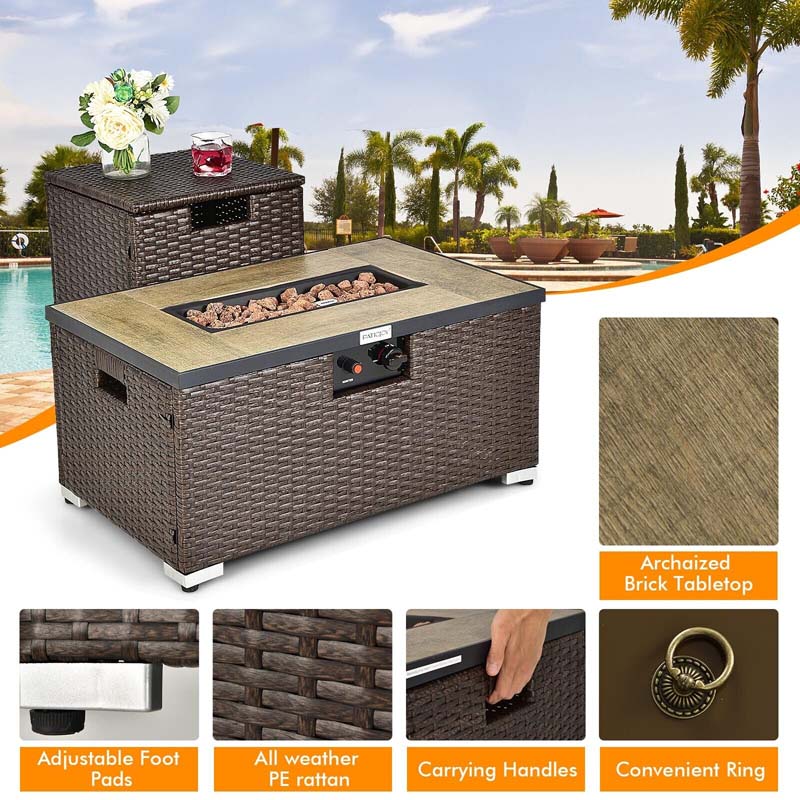 2-Piece Propane Fire Pit Table Set with Hideaway Tank Holder, 40000 BTU Outdoor Rattan Gas Firepit, Lava Rocks & Waterproof Cover for Backyard