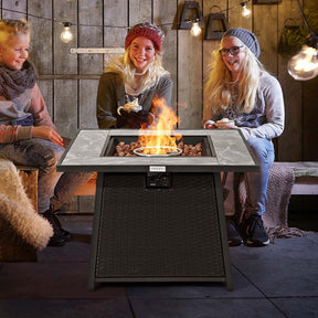 35" 50000 BTU Rattan Outdoor Propane Gas Fire Pit Table with Marble Tabletop, Lava Rocks & PVC Cover