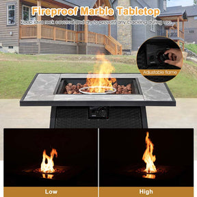 35" 50000 BTU Rattan Outdoor Propane Gas Fire Pit Table with Marble Tabletop, Lava Rocks & PVC Cover