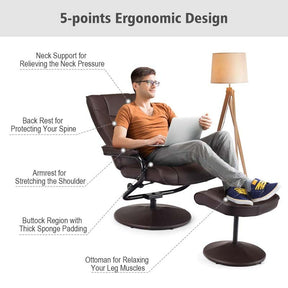 360° Swivel Recliner Chair with Ottoman, PU Leather Lounge Armchair Adjustable Reclining Chair with Footrest for Living Room Bedroom Office