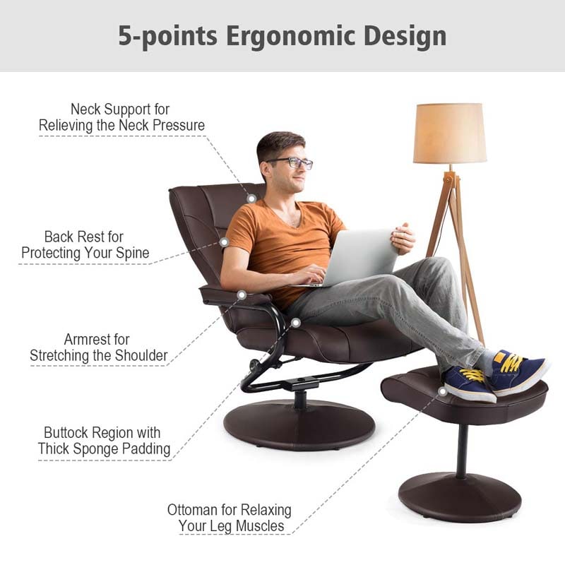 360° Swivel Recliner Chair with Ottoman, PU Leather Lounge Armchair Adjustable Reclining Chair with Footrest for Living Room Bedroom Office
