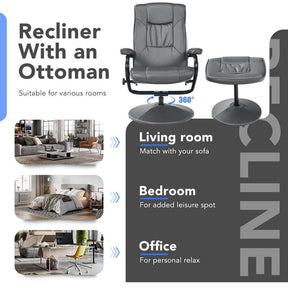 360° Swivel Recliner Chair with Ottoman, PU Leather Lounge Armchair Adjustable Reclining Chair with Footrest for Living Room Bedroom Office