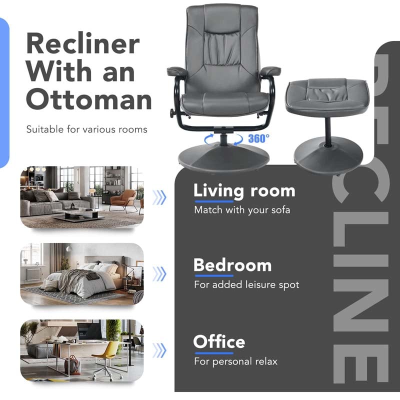 360° Swivel Recliner Chair with Ottoman, PU Leather Lounge Armchair Adjustable Reclining Chair with Footrest for Living Room Bedroom Office
