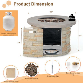 36" Stone-Like Round Gas Fire Table, 50000 BTU Propane Fire Pit Table with Lava Rocks & Cover