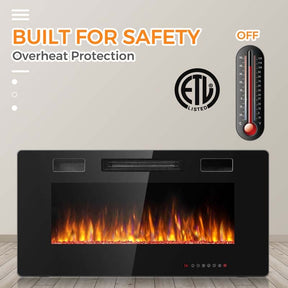 36" Ultra-Thin Electric Fireplace Insert, 1500W Recessed & Wall-mounted Fireplace Heater with 12 Flame Colors