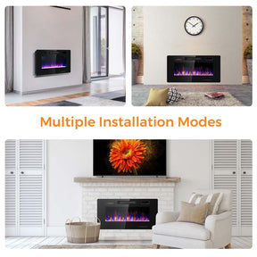 36" Ultra-Thin Electric Fireplace Insert, 1500W Recessed & Wall-mounted Fireplace Heater with 12 Flame Colors
