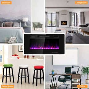 36" Ultra-Thin Electric Fireplace Insert, 1500W Recessed & Wall-mounted Fireplace Heater with 12 Flame Colors