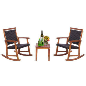 3 Pieces Outdoor Rocking Bistro Set, Acacia Wood & Rattan Patio Rocking Chairs with Side Table for Backyard, Garden, Porch