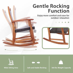 3 Pieces Outdoor Rocking Bistro Set, Acacia Wood & Rattan Patio Rocking Chairs with Side Table for Backyard, Garden, Porch