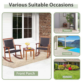 3 Pieces Outdoor Rocking Bistro Set, Acacia Wood & Rattan Patio Rocking Chairs with Side Table for Backyard, Garden, Porch