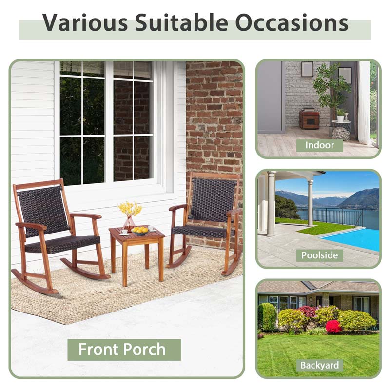 3 Pieces Outdoor Rocking Bistro Set, Acacia Wood & Rattan Patio Rocking Chairs with Side Table for Backyard, Garden, Porch