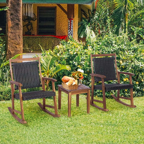 3 Pieces Outdoor Rocking Bistro Set, Acacia Wood & Rattan Patio Rocking Chairs with Side Table for Backyard, Garden, Porch