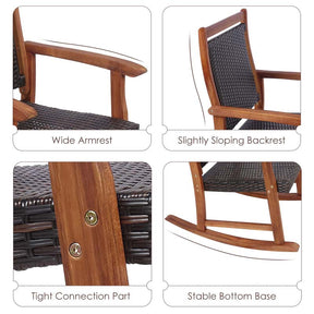 3 Pieces Outdoor Rocking Bistro Set, Acacia Wood & Rattan Patio Rocking Chairs with Side Table for Backyard, Garden, Porch