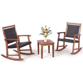 3 Pieces Outdoor Rocking Bistro Set, Acacia Wood & Rattan Patio Rocking Chairs with Side Table for Backyard, Garden, Porch