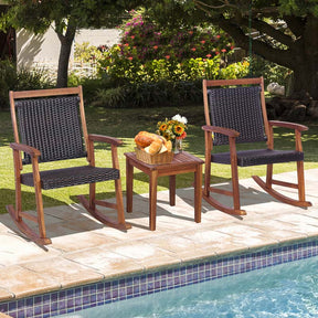 3 Pieces Outdoor Rocking Bistro Set, Acacia Wood & Rattan Patio Rocking Chairs with Side Table for Backyard, Garden, Porch