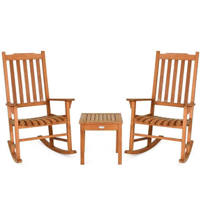 3 Piece Eucalyptus Wood Patio Rocking Chair Set, Outdoor Rocker Bistro Set with Coffee Table for Backyard, Balcony