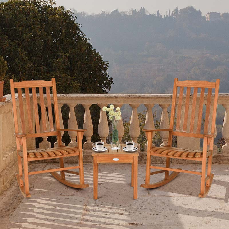 3 Piece Eucalyptus Wood Patio Rocking Chair Set, Outdoor Rocker Bistro Set with Coffee Table for Backyard, Balcony