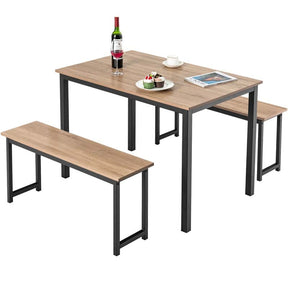 4-Person Dining Table Bench Set with Wooden Tabletop & Metal Frame, Indoor Outdoor Modern Dining Set for Kitchen