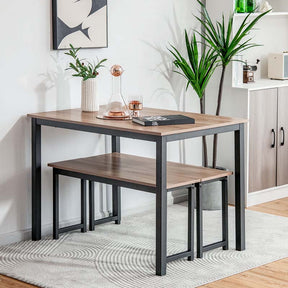 4-Person Dining Table Bench Set with Wooden Tabletop & Metal Frame, Indoor Outdoor Modern Dining Set for Kitchen