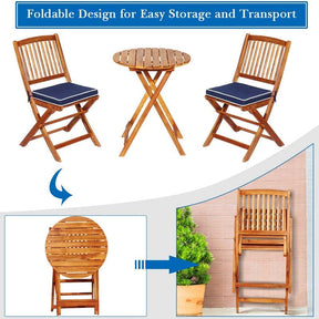 3 Pcs Acacia Wood Patio Folding Bistro Set Outdoor Chair Table Set with Padded Cushion & Round Coffee Table