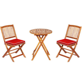 3 Pcs Acacia Wood Patio Folding Bistro Set Outdoor Chair Table Set with Padded Cushion & Round Coffee Table