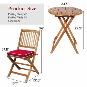 3 Pcs Acacia Wood Patio Folding Bistro Set Outdoor Chair Table Set with Padded Cushion & Round Coffee Table