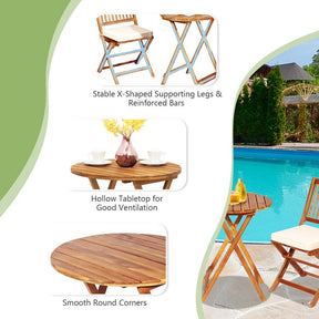 3 Pcs Acacia Wood Patio Folding Bistro Set Outdoor Chair Table Set with Padded Cushion & Round Coffee Table