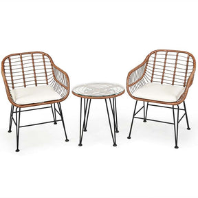 3 Pcs Patio Conversation Bistro Set Outdoor Rattan Furniture Set with Round Table & 2 Rattan Cushioned Armchairs