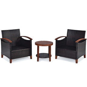 3 Pcs Patio Furniture Set Outdoor Rattan Sofa & Side Table Conversation Bistro Set with Acacia Wood Frame