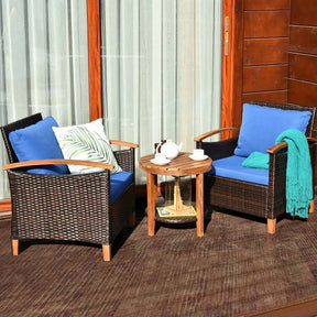 3 Pcs Patio Furniture Set Outdoor Rattan Sofa & Side Table Conversation Bistro Set with Acacia Wood Frame