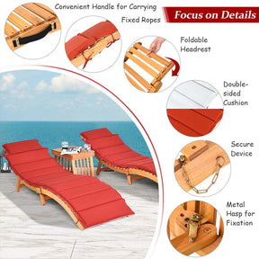 3 Pieces Outdoor Folding Wood Lounge Chair Set with Foldable Side Table & Cushioned Pads, Wooden Patio Sun Lounger for Pool Deck