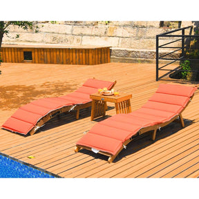 3 Pieces Outdoor Folding Wood Lounge Chair Set with Foldable Side Table & Cushioned Pads, Wooden Patio Sun Lounger for Pool Deck