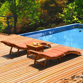 3 Pieces Outdoor Folding Wood Lounge Chair Set with Foldable Side Table & Cushioned Pads, Wooden Patio Sun Lounger for Pool Deck