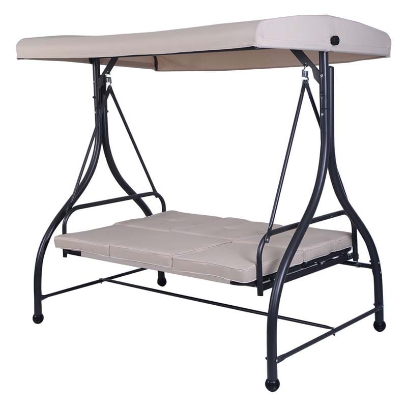 3-Person Porch Swing with Adjustable Canopy, Removable Cushions & Steel Frame, 2-in-1 Convertible Patio Swing Bed for Backyard, Poolside