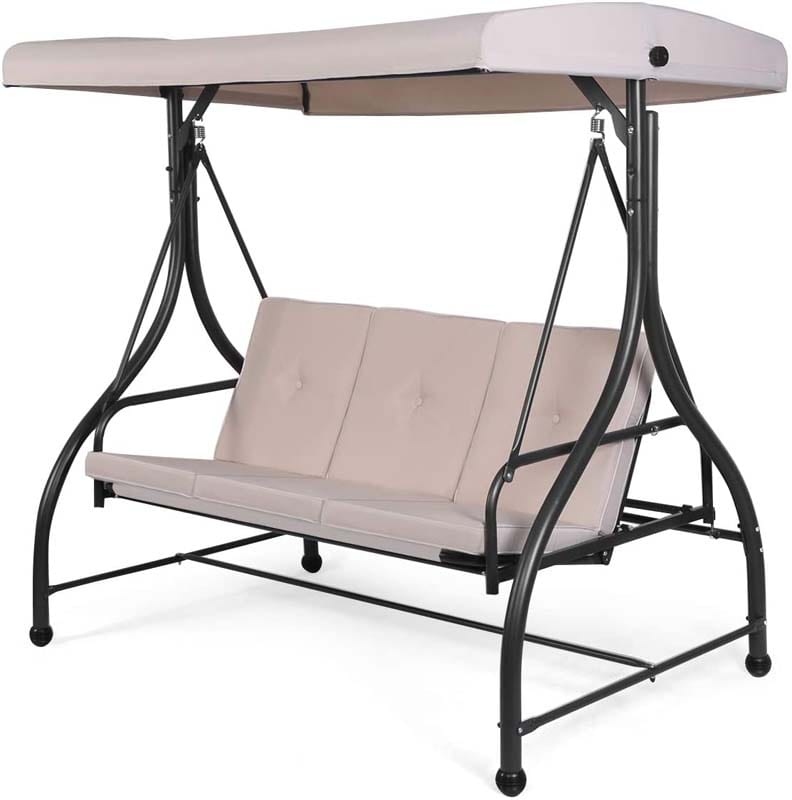 3-Person Porch Swing with Adjustable Canopy, Removable Cushions & Steel Frame, 2-in-1 Convertible Patio Swing Bed for Backyard, Poolside