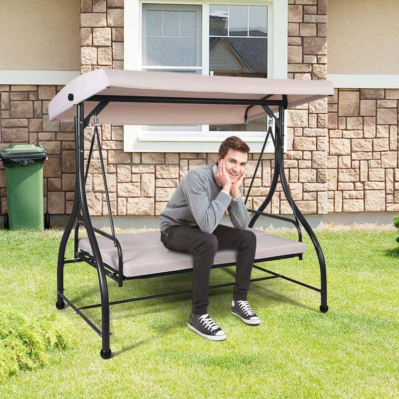3-Person Porch Swing with Adjustable Canopy, Removable Cushions & Steel Frame, 2-in-1 Convertible Patio Swing Bed for Backyard, Poolside