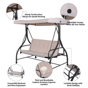 3-Person Porch Swing with Adjustable Canopy, Removable Cushions & Steel Frame, 2-in-1 Convertible Patio Swing Bed for Backyard, Poolside