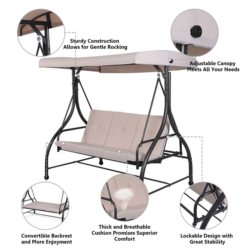 3-Person Porch Swing with Adjustable Canopy, Removable Cushions & Steel Frame, 2-in-1 Convertible Patio Swing Bed for Backyard, Poolside