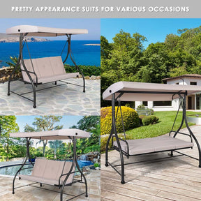 3-Person Porch Swing with Adjustable Canopy, Removable Cushions & Steel Frame, 2-in-1 Convertible Patio Swing Bed for Backyard, Poolside