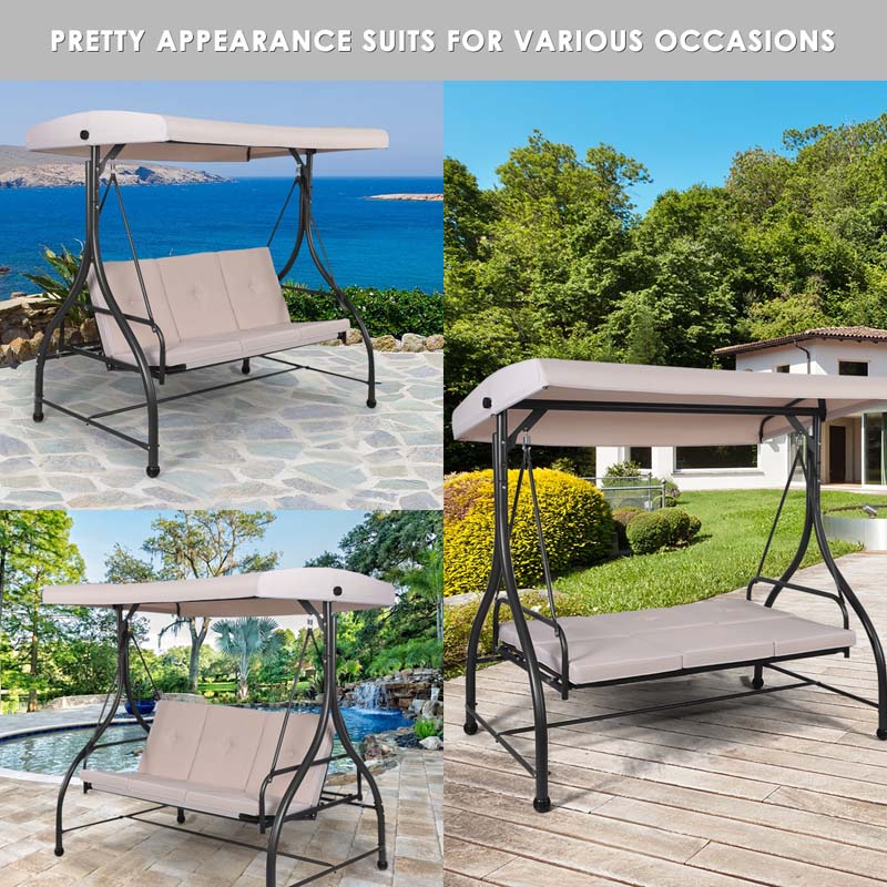 3-Person Porch Swing with Adjustable Canopy, Removable Cushions & Steel Frame, 2-in-1 Convertible Patio Swing Bed for Backyard, Poolside
