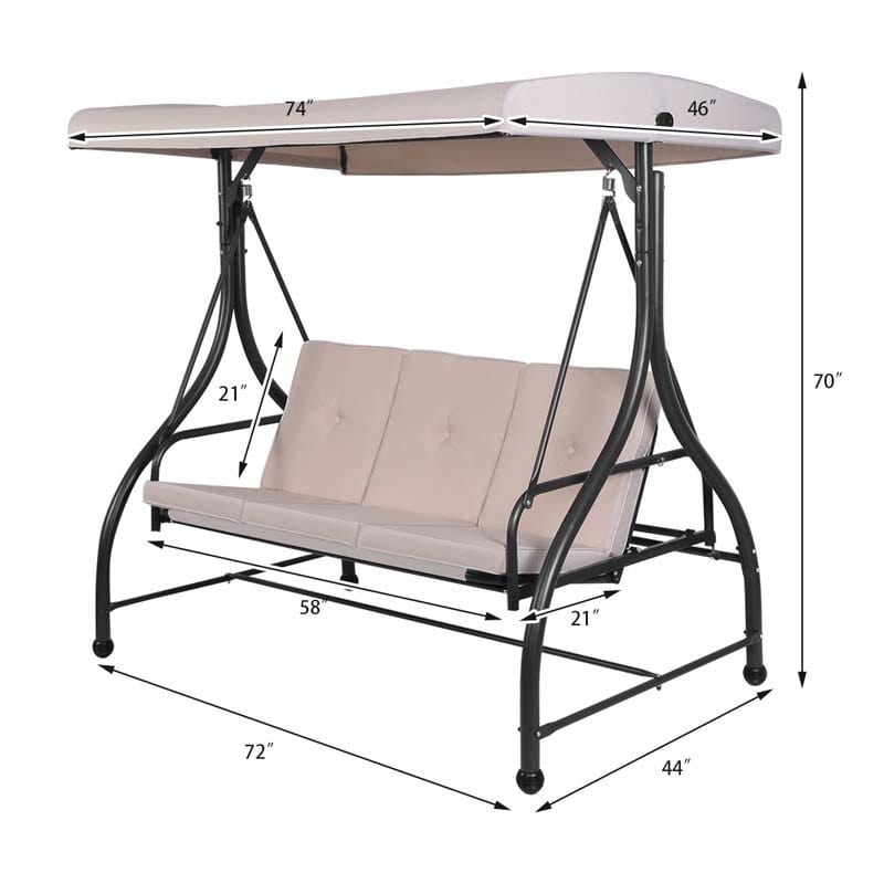 3-Person Porch Swing with Adjustable Canopy, Removable Cushions & Steel Frame, 2-in-1 Convertible Patio Swing Bed for Backyard, Poolside